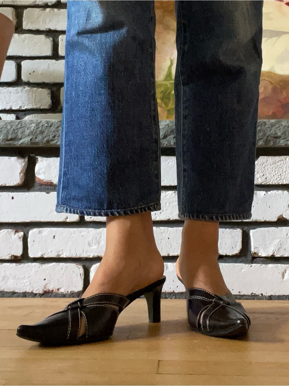 Celine Black Leather Slip-On Mules with White Contrast Stitching